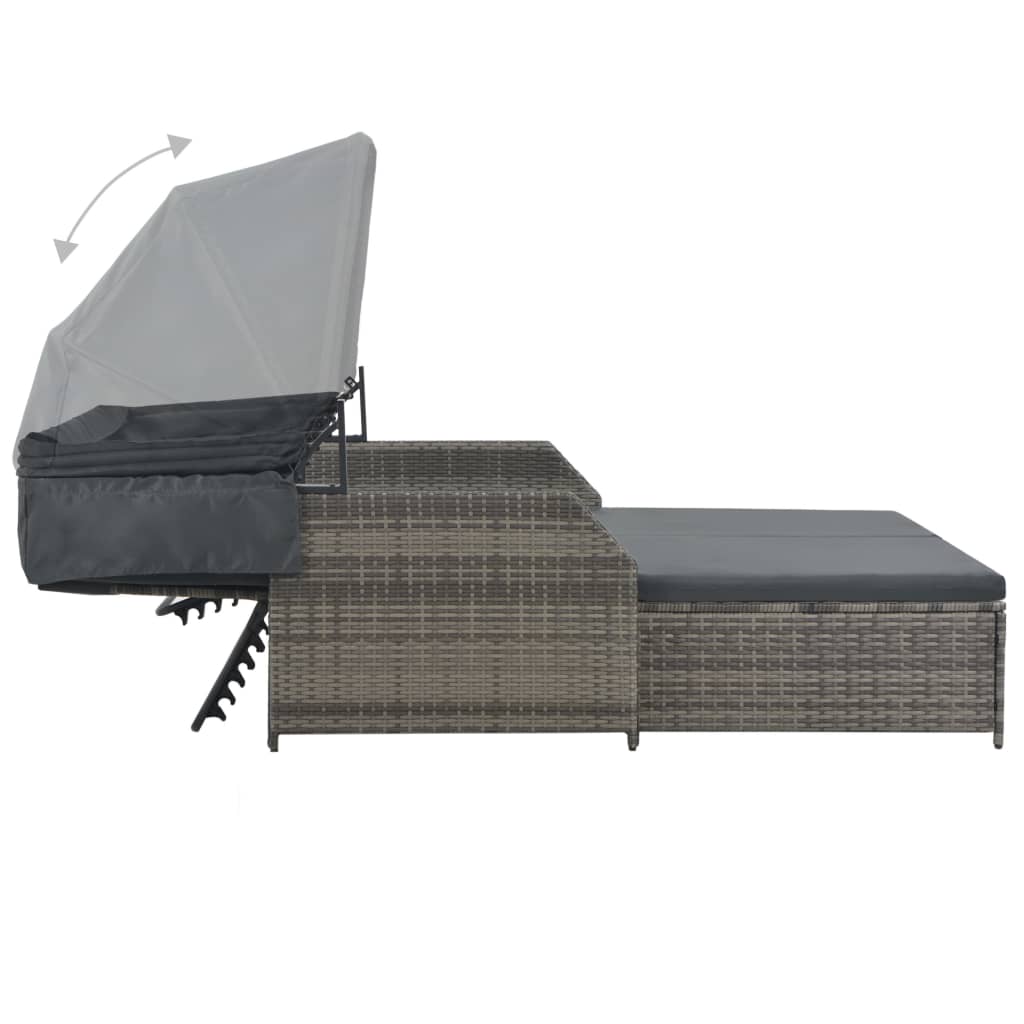 2-Person Sun Lounger with Canopy Poly Rattan Grey