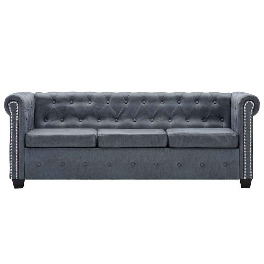 Chesterfield Sofa Set Artificial Suede Leather Grey