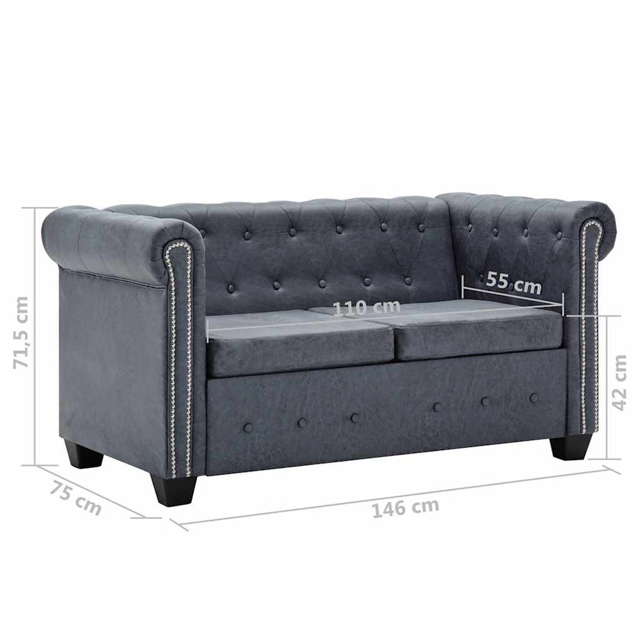 Chesterfield Sofa Set Artificial Suede Leather Grey