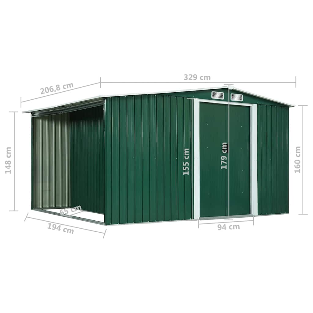 Garden Shed with Sliding Doors Green 329.5x205x178 cm Steel