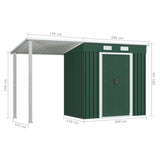Garden Shed with Extended Roof Green 346x121x181 cm Steel - Low Angle