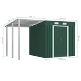 Garden Shed with Extended Roof Green 346x193x181 cm Steel - Low Angle