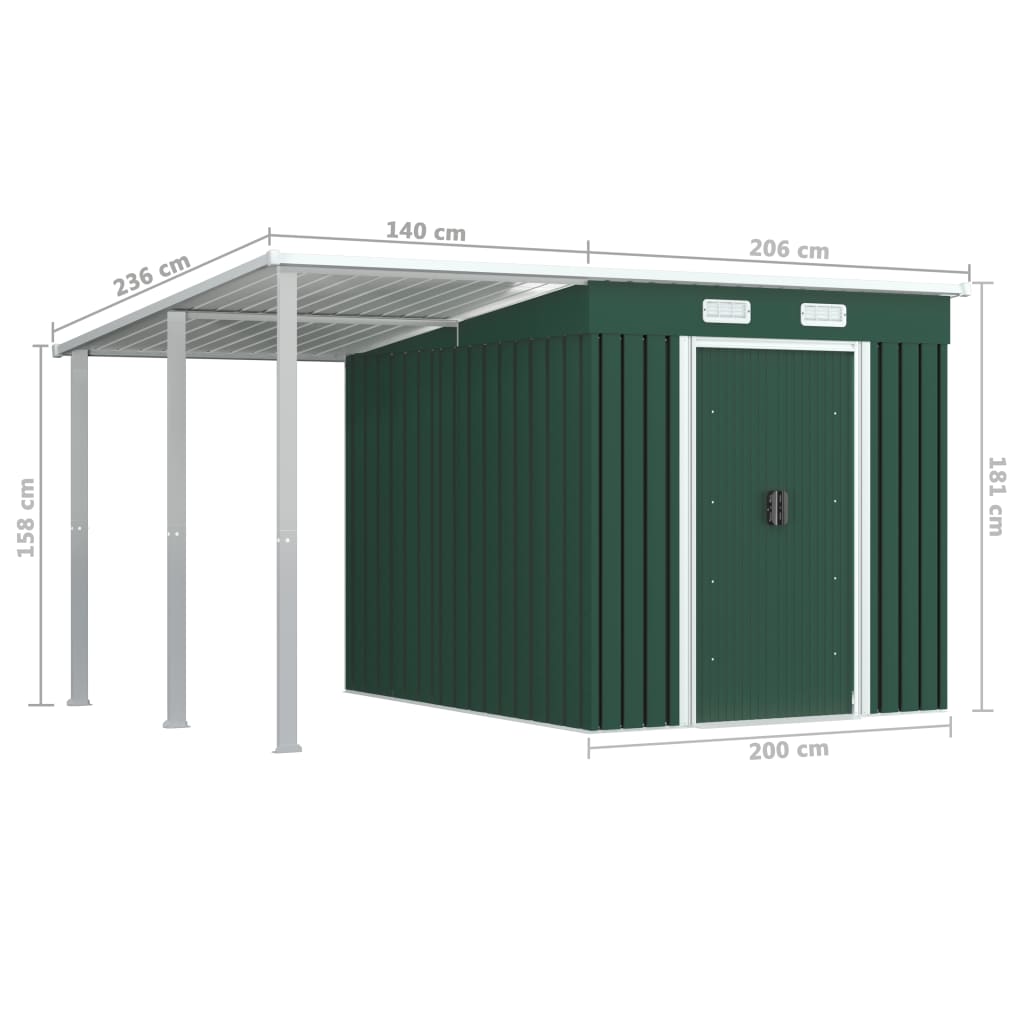 Garden Shed with Extended Roof Green 346x236x181 cm Steel