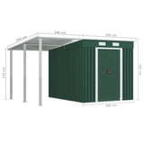 Garden Shed with Extended Roof Green 346x236x181 cm Steel - Low Angle