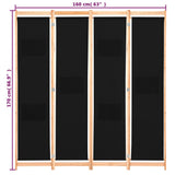 4-Panel Room Divider Black 160x170x4 cm Fabric - Low Angle
