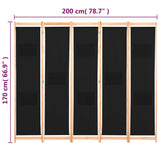5-Panel Room Divider Black 200x170x4 cm Fabric - Low Angle