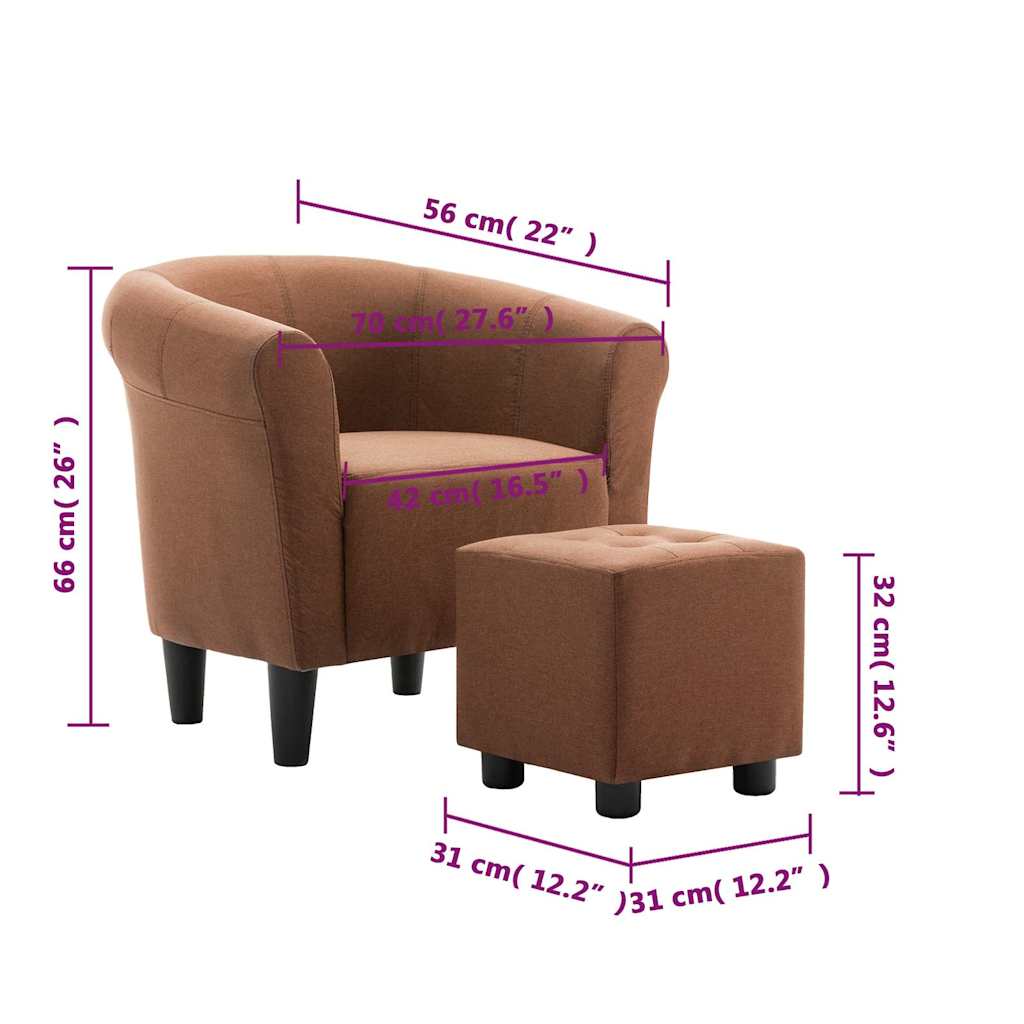2 Piece Armchair and Stool Set Brown Fabric