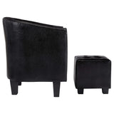 Tub Chair with Footstool Black Faux Leather - 45-Degree Angle