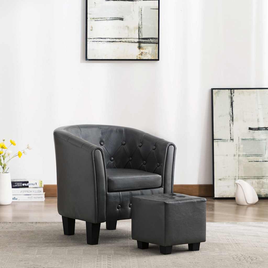 Tub Chair with Footstool Grey Faux Leather