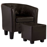 Tub Chair with Footstool Brown Faux Leather - Front View