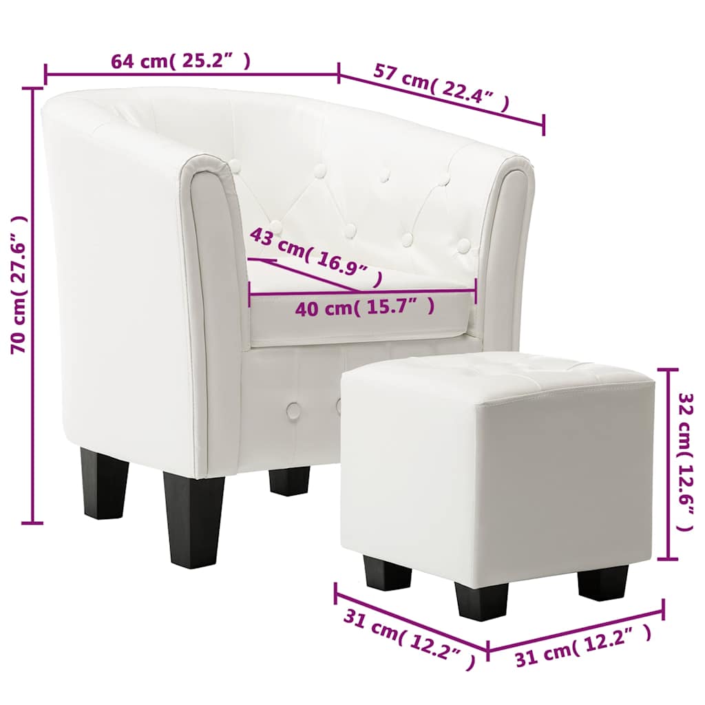 Tub Chair with Footstool White Faux Leather