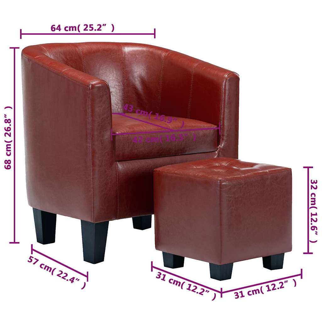 Tub Chair with Footstool Wine Red Faux Leather