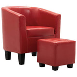 Tub Chair with Footstool Red Faux Leather - Front View