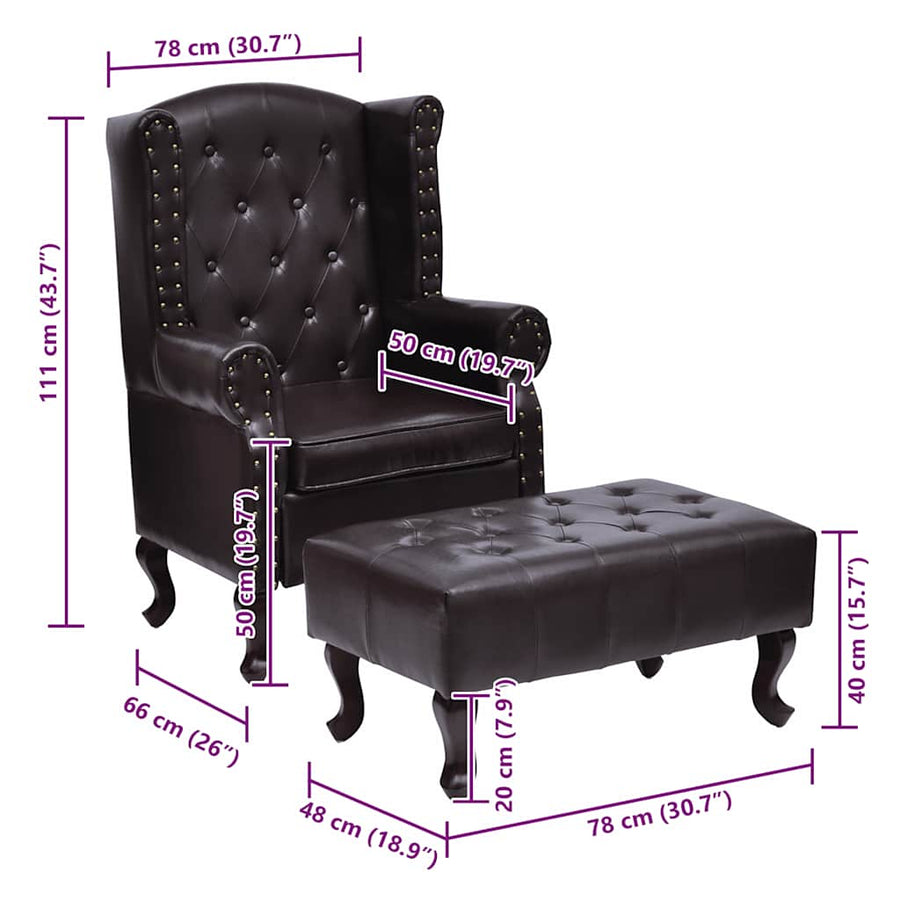 Armchair with Footstool Dark Brown Faux Leather