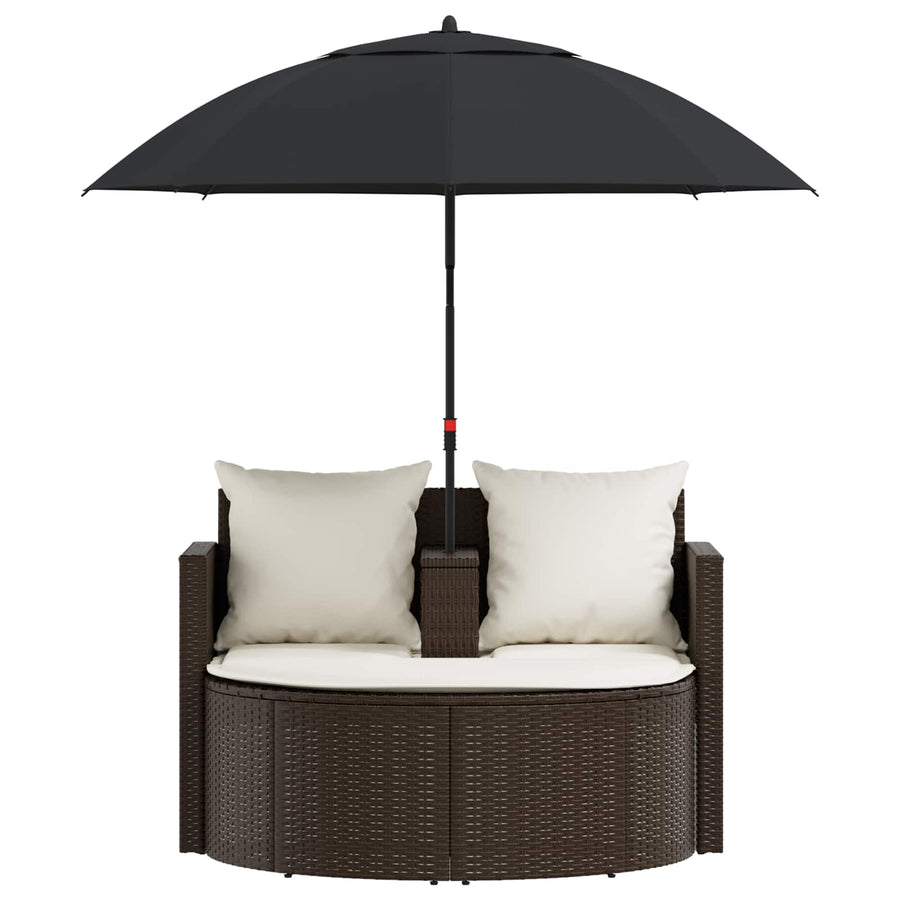 Garden Bed with Parasol Brown Poly Rattan