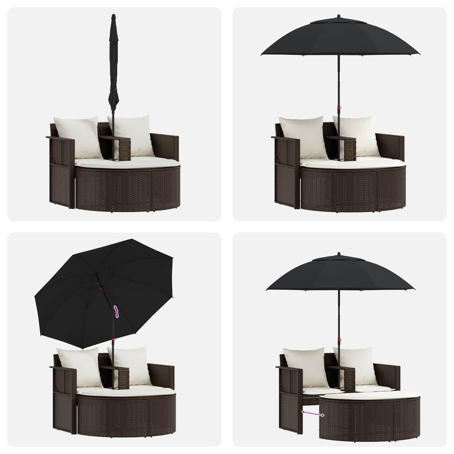 Garden Bed with Parasol Brown Poly Rattan