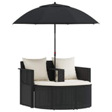 Garden Bed with Parasol Black Poly Rattan - Front View