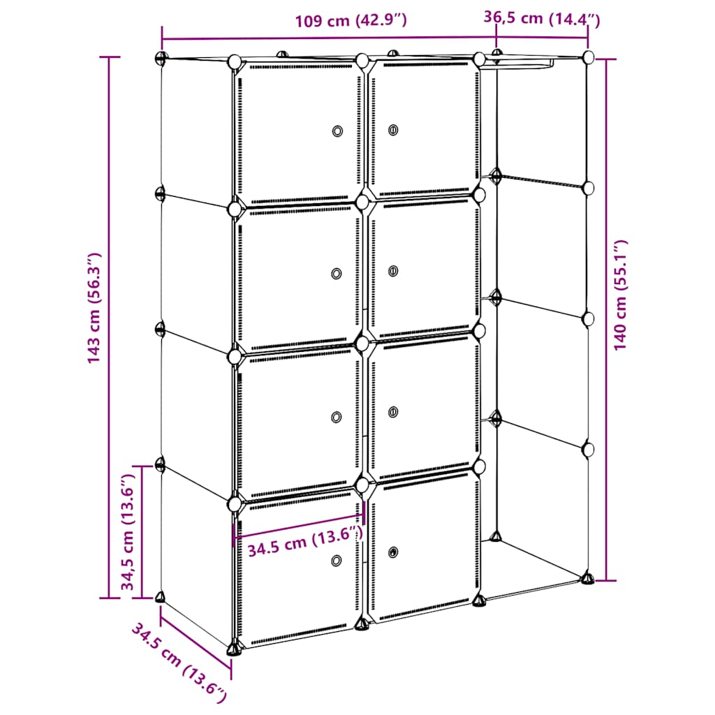 Modular Cabinet with 9 Compartments 109x36.5x143 cm Black and White