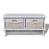 White Paulownia Wood Wall Shelf With Hangers 2 Weaving Baskets 4 Hooks - Front View