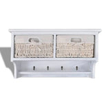 White Paulownia Wood Wall Shelf With Hangers 2 Weaving Baskets 4 Hooks - 45-Degree Angle