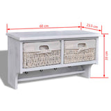 White Paulownia Wood Wall Shelf With Hangers 2 Weaving Baskets 4 Hooks - Low Angle