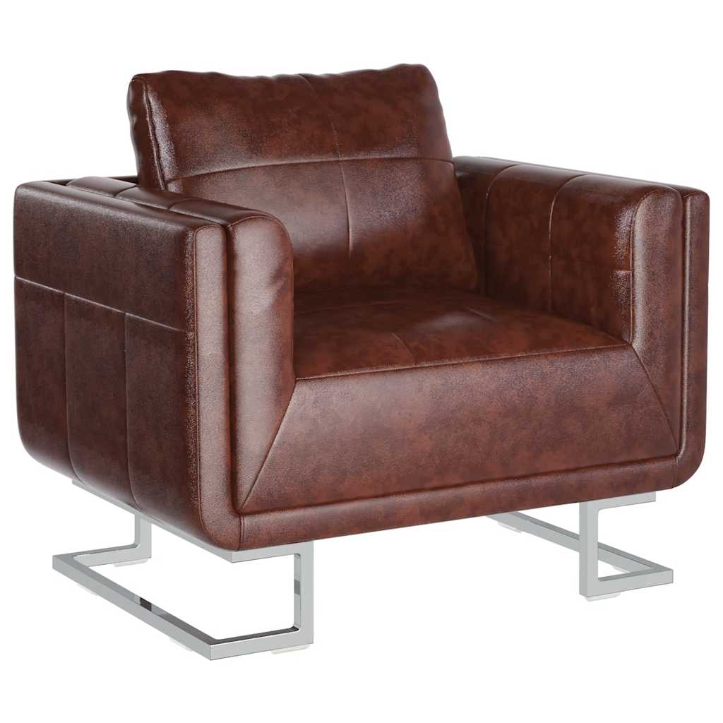 Cube Armchair with Chrome Feet Brown Faux Leather