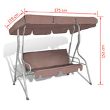 Outdoor Hanging Swing Bench with a Canopy Coffee for 3 Persons - 45-Degree Angle
