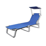 Folding Sun Lounger with Canopy Steel and Fabric Blue - Front View