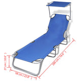 Folding Sun Lounger with Canopy Steel and Fabric Blue - Close-Up Angle