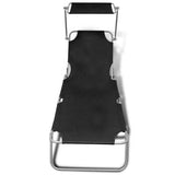 Folding Sun Lounger with Canopy Steel and Fabric Black - Side View