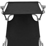Folding Sun Lounger with Canopy Steel and Fabric Black - Top-Down View