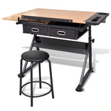 Two Drawers Tiltable Tabletop Drawing Table with Stool - Side View