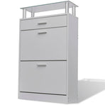 Shoe Cabinet with a Drawer and a Top Glass Shelf Wood White