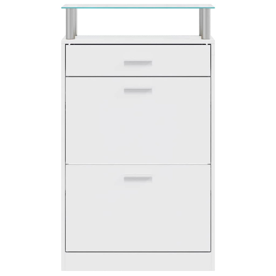 Shoe Cabinet with a Drawer and a Top Glass Shelf Wood White