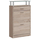 Shoe Cabinet with a Drawer and a Top Glass Shelf Wood Oak Look