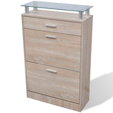 Shoe Cabinet with a Drawer and a Top Glass Shelf Wood Oak Look - 45-Degree Angle