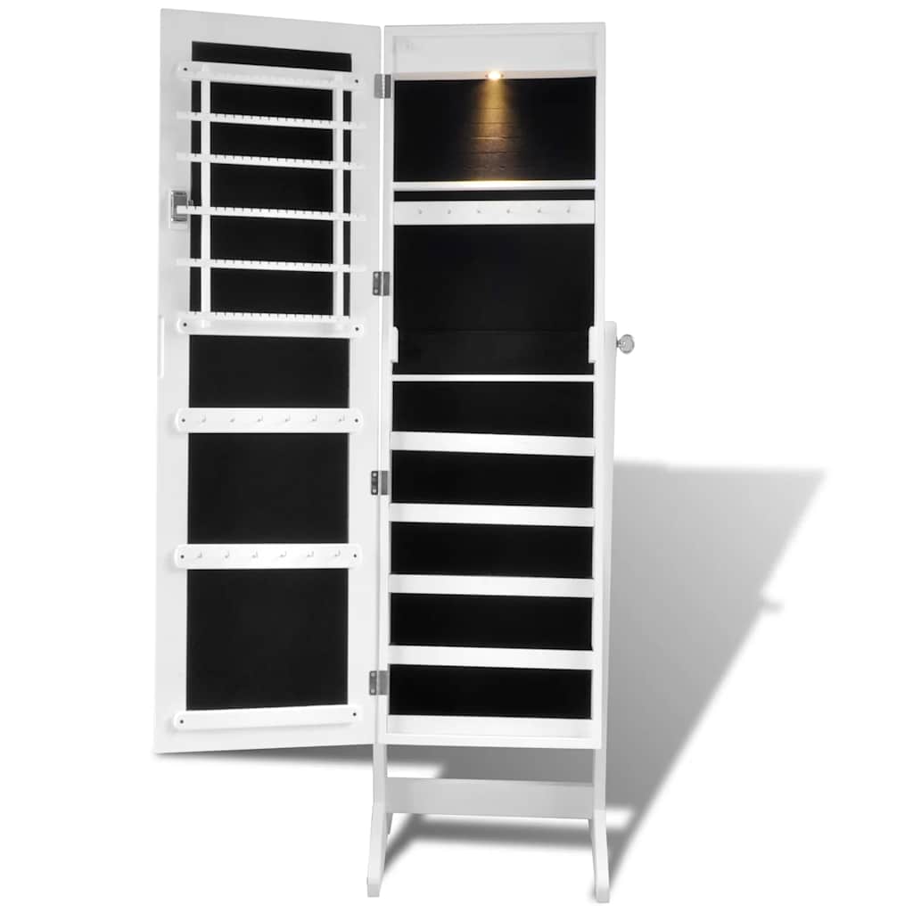 White Free Standing Jewellery Cabinet with LED Light and Mirror Door