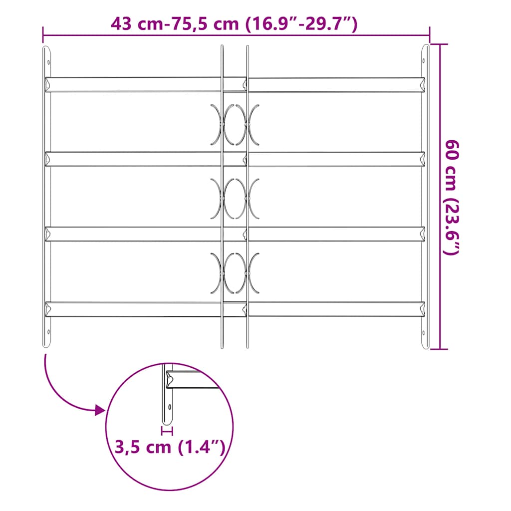 Adjustable Security Grille for Windows with 4 Crossbars 500-650 mm