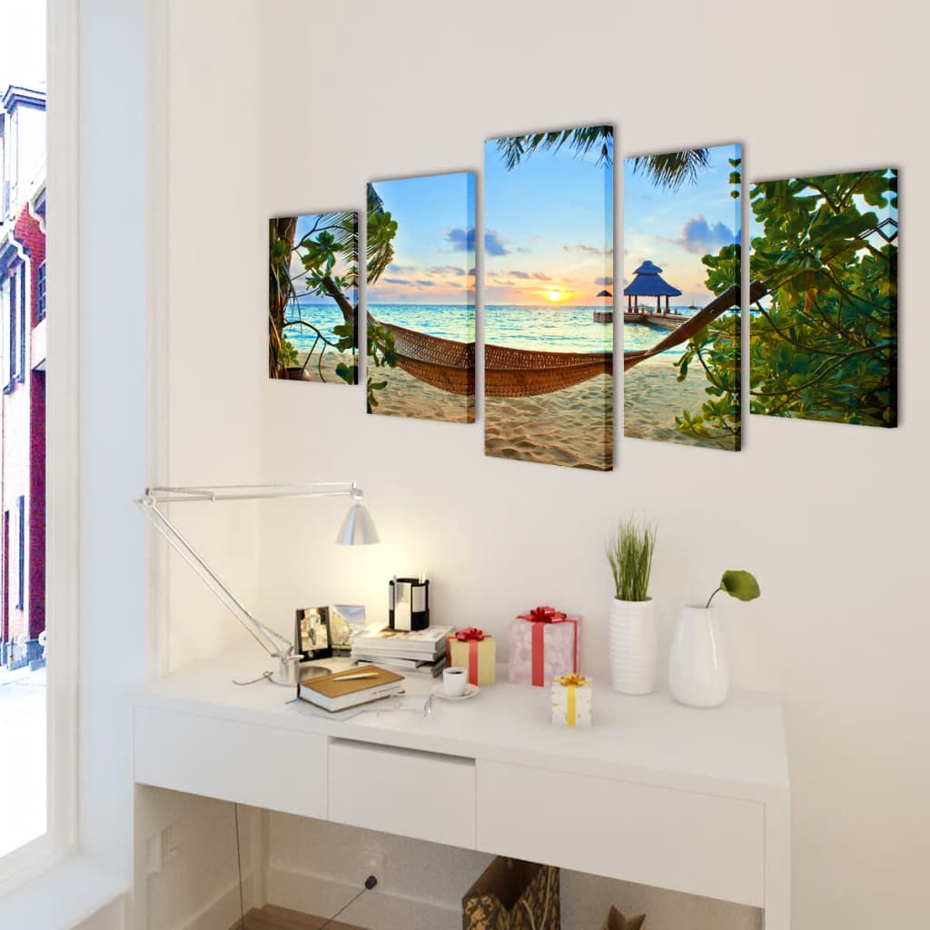 Canvas Wall Print Set Sand Beach with Hammock 100 x 50 cm