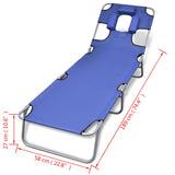Folding Sun Lounger with Head Cushion Powder-coated Steel Blue - Close-Up Angle