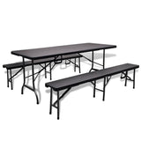 Outdoor Table with 2 Benches HDPE Black Rattan Look