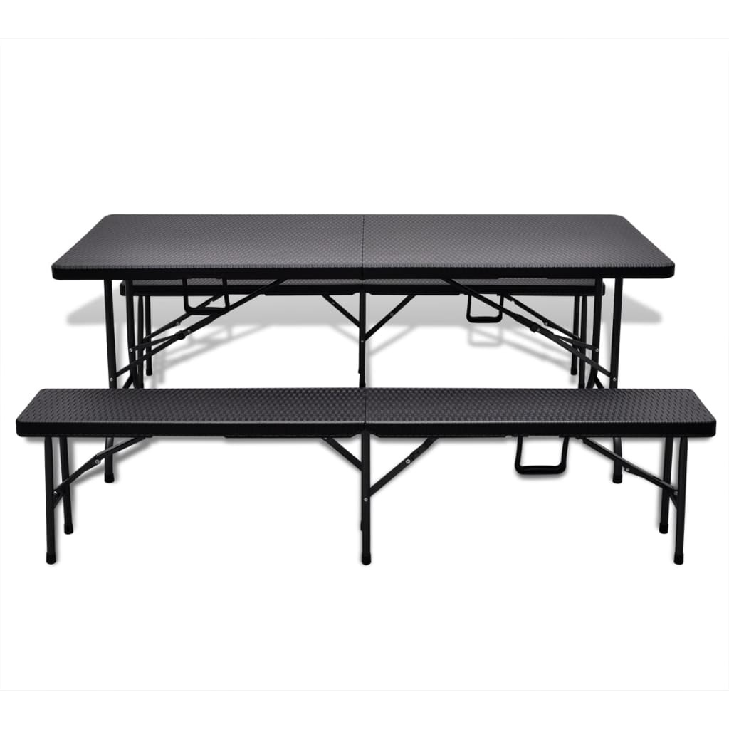 Outdoor Table with 2 Benches HDPE Black Rattan Look