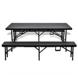 Outdoor Table with 2 Benches HDPE Black Rattan Look - Front View