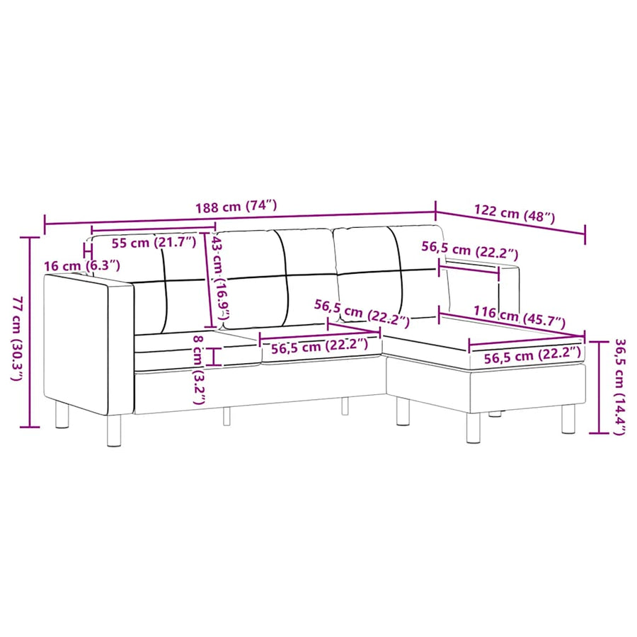 Sectional Sofa 3-Seater Artificial Leather Black