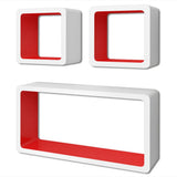 3 White-red MDF Floating Wall Display Shelf Cubes Book/DVD Storage - Front View