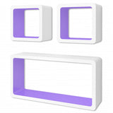 3 White-purple MDF Floating Wall Display Shelf Cubes Book/DVD Storage - Front View