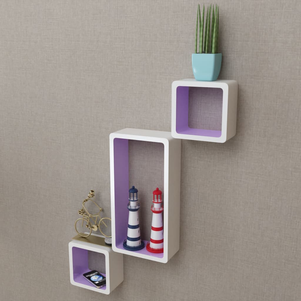 3 White-purple MDF Floating Wall Display Shelf Cubes Book/DVD Storage