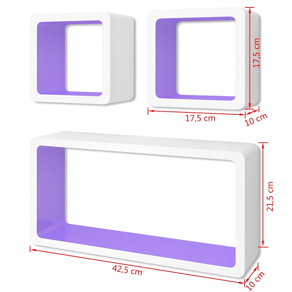 3 White-purple MDF Floating Wall Display Shelf Cubes Book/DVD Storage