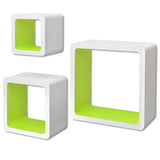 3 White-green MDF Floating Wall Display Shelf Cubes Book/DVD Storage - Front View