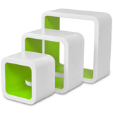 3 White-green MDF Floating Wall Display Shelf Cubes Book/DVD Storage